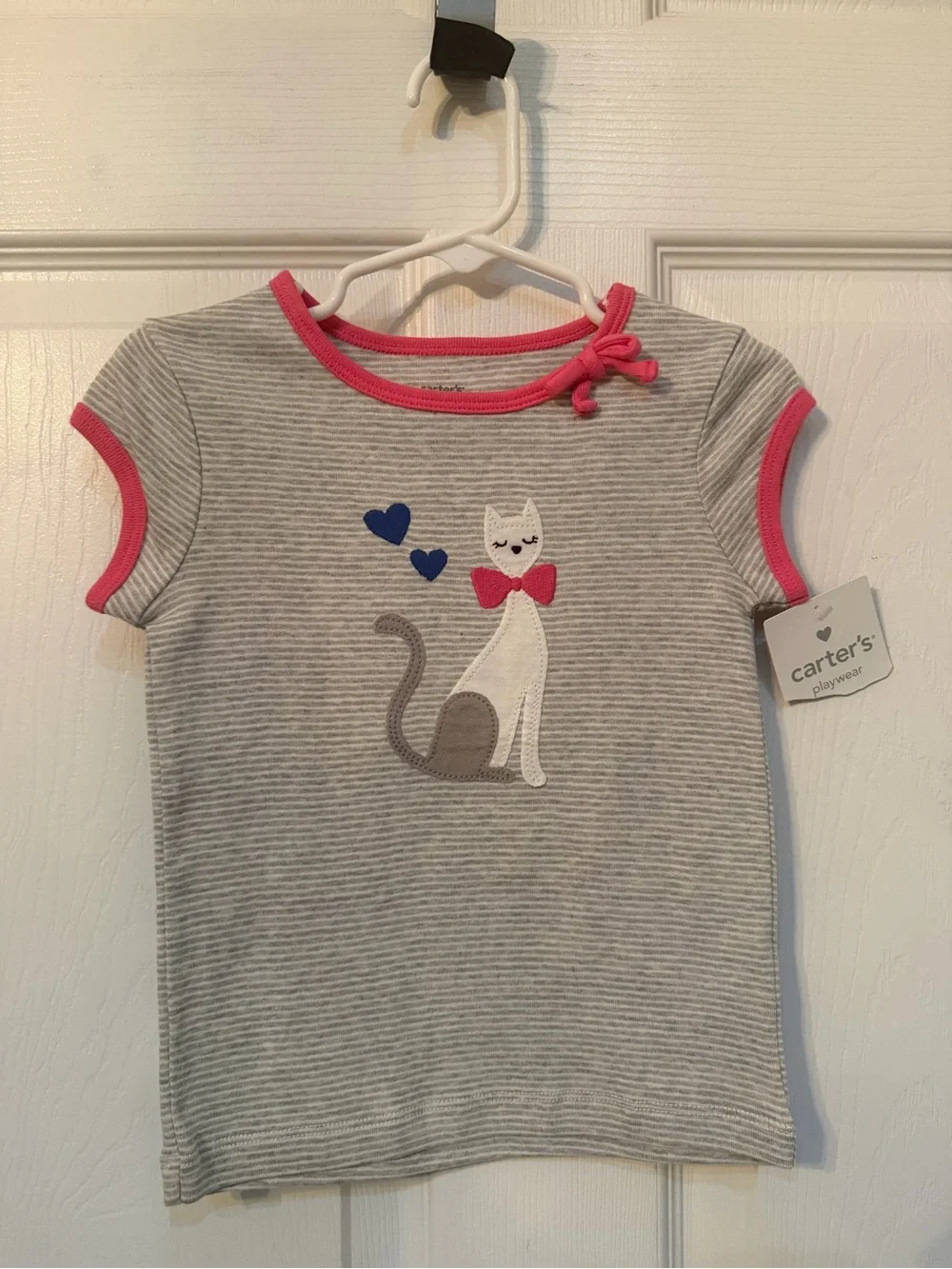 Carter's Gray Striped Tee with Pink Trim & Cat Applique